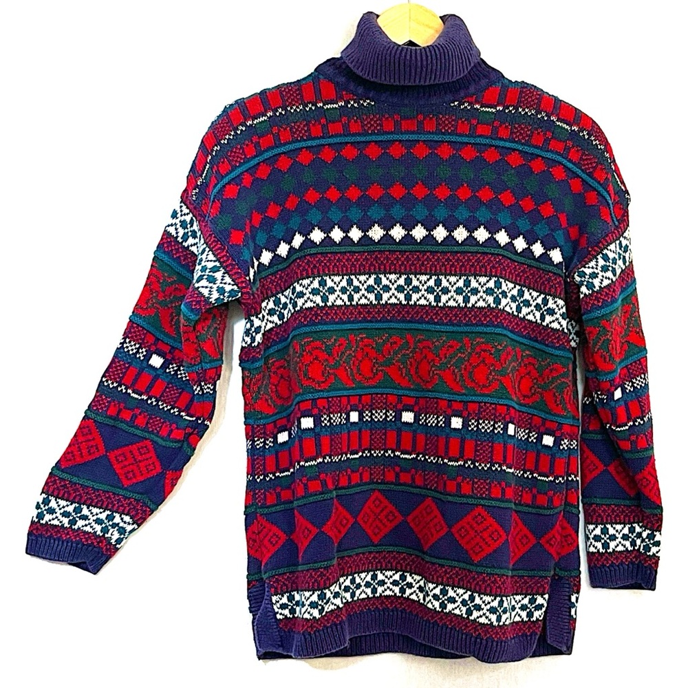 Vintage Paris Sport Club Multicolor Pattern Turtleneck Sweater Made in Hong Kong